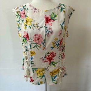 Miss Lili Tropical Floral Cinched Waist Short Sleeve Top Women’s Size Large
